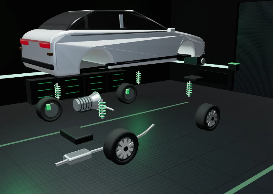 Ilustração 3D das peças do carro separadas